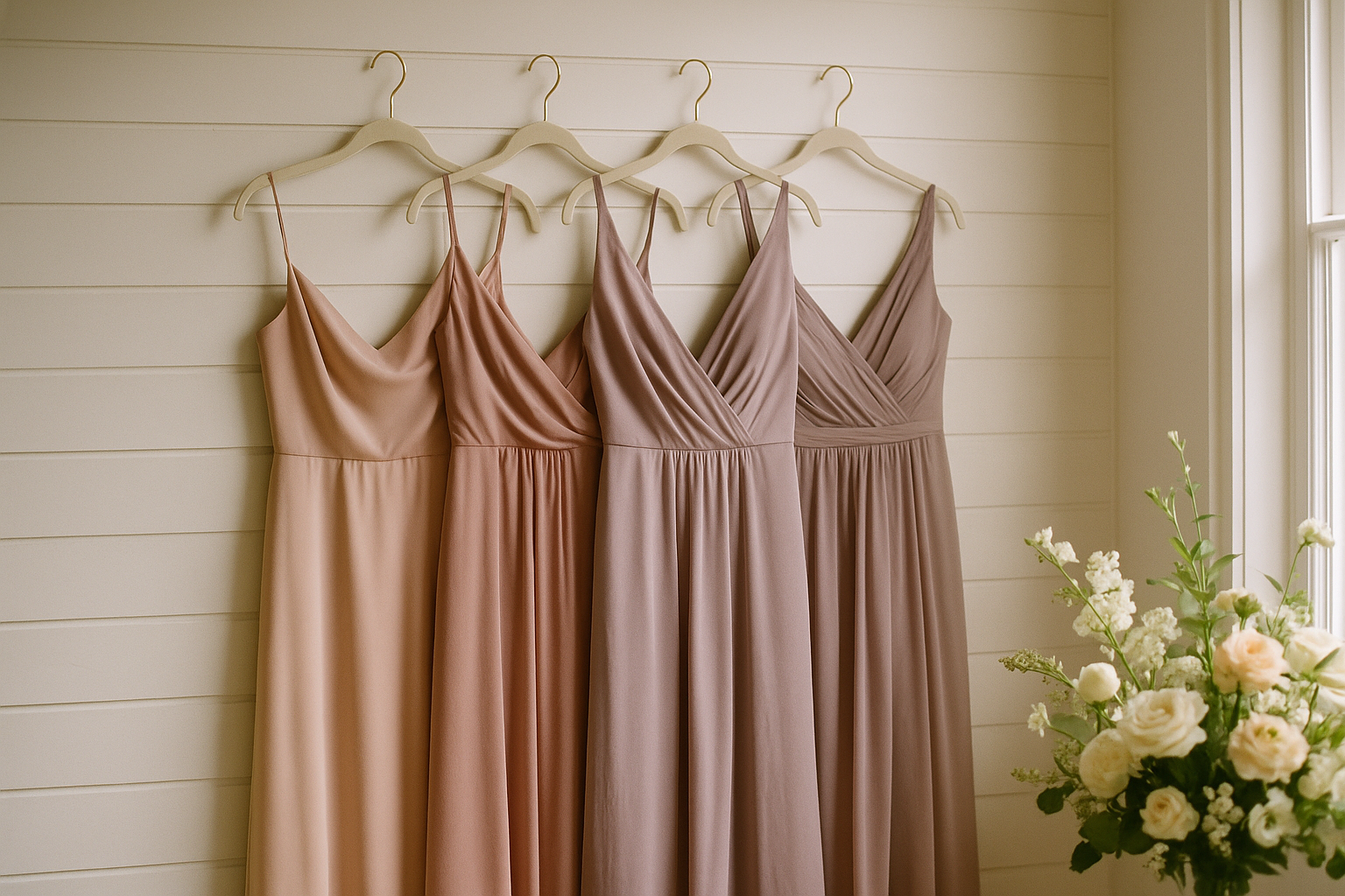 Four bridesmaid dresses in coordinating blush and dusty rose tones hanging on ivory velvet hangers against a soft white background
