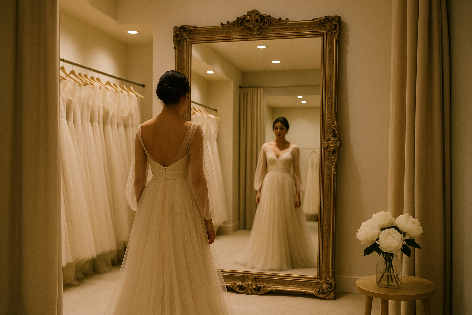 A bride in a flowing ivory gown standing in a softly lit bridal boutique dressing room, reflected in a large ornate mirror with white peonies on a side table