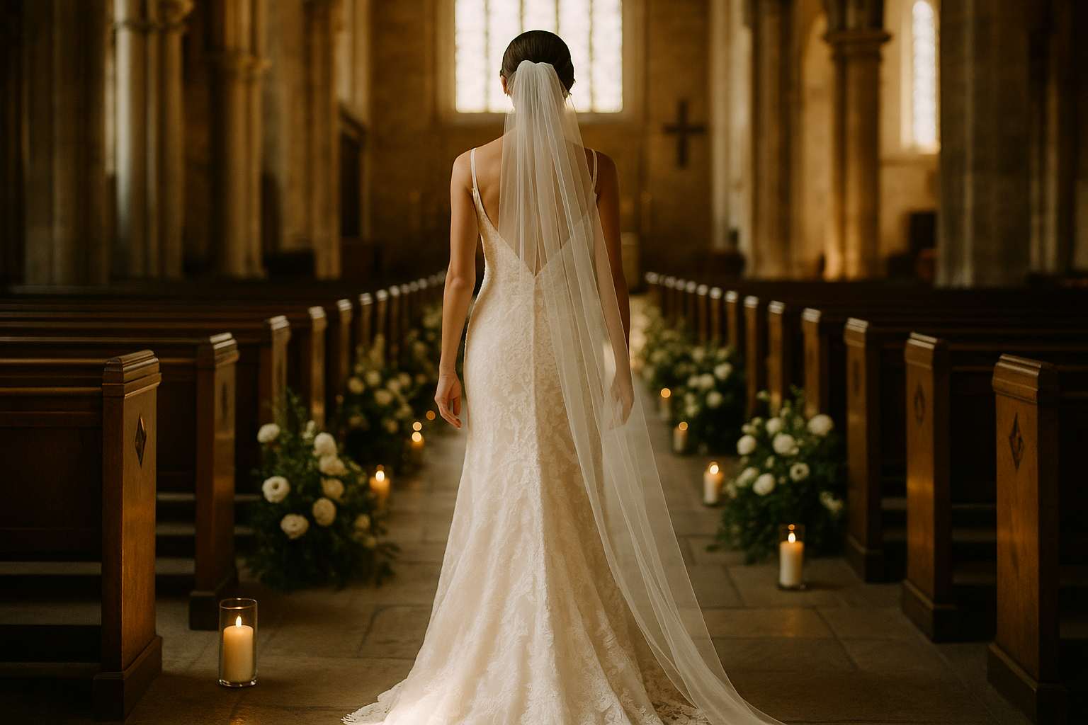 A bride in a white lace gown walking down a sunlit church aisle lined with white floral arrangements and candlelit pew markers