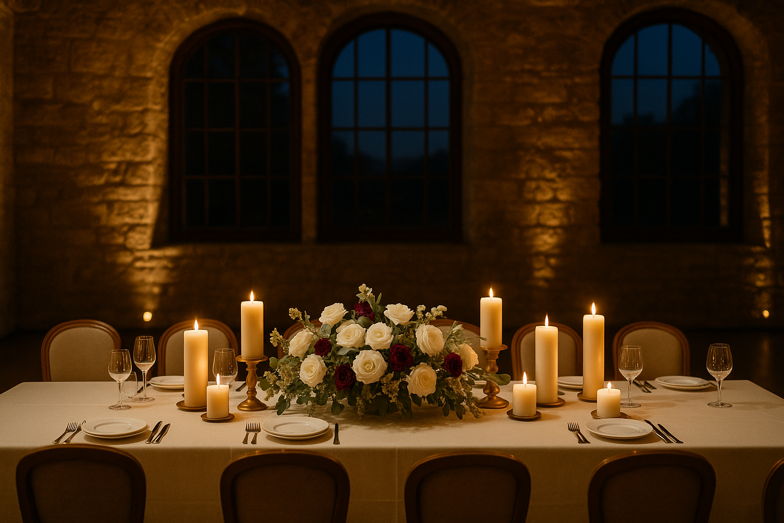 A candlelit reception table dressed with white garden roses, dusty miller, and burgundy anemones in a warmly lit indoor venue with tall arched windows